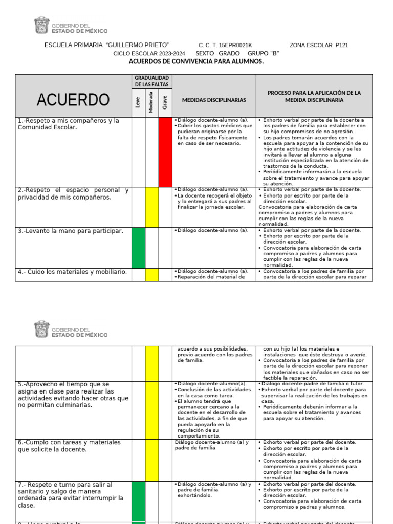 Acuerdos de Convivencia Escolar 2023-2024 | PDF | Maestros | Escuelas