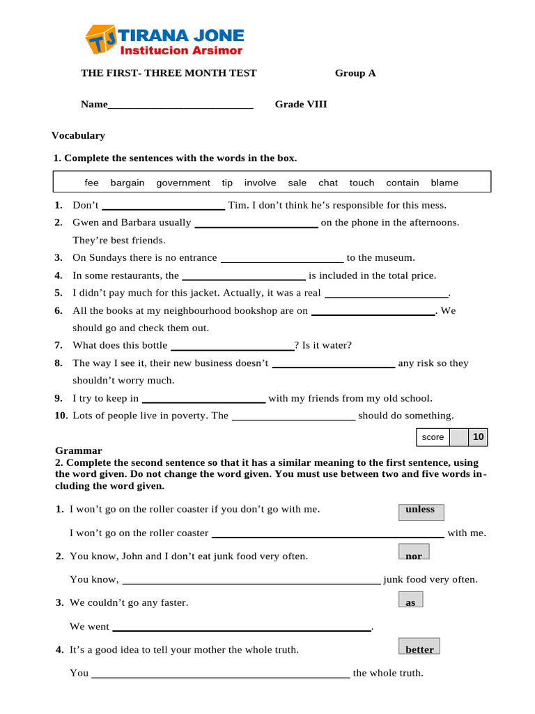 Grade VIII Vocabulary and Grammar Test | PDF