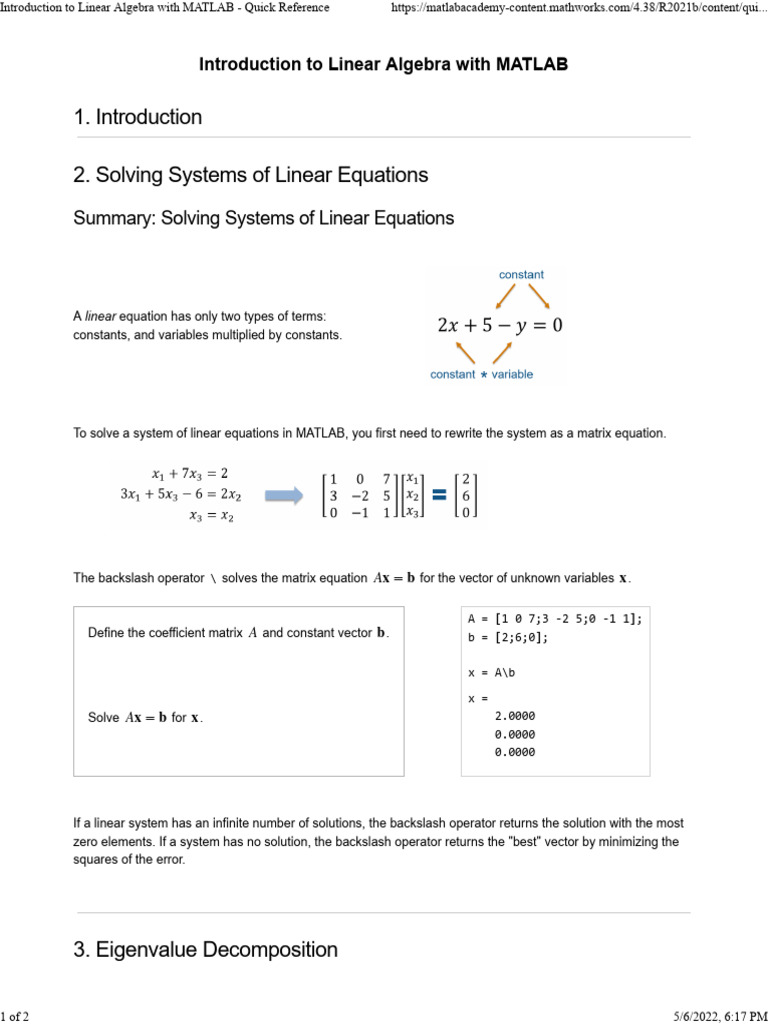 Solve Linear Equations in MATLAB | PDF | Eigenvalues And Eigenvectors ...