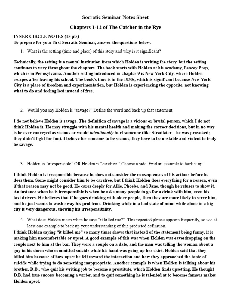 Rowan Zimmer Catcher - Socratic Seminar Notes Sheet | PDF