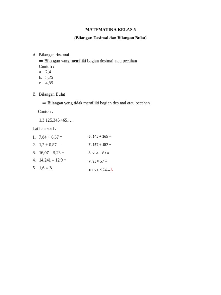 Bilangan Desimal dan Bulat Kelas 5 | PDF
