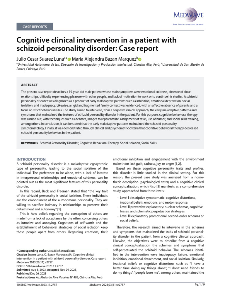 Cognitive Therapy for Schizoid Disorder Case | PDF | Personality ...