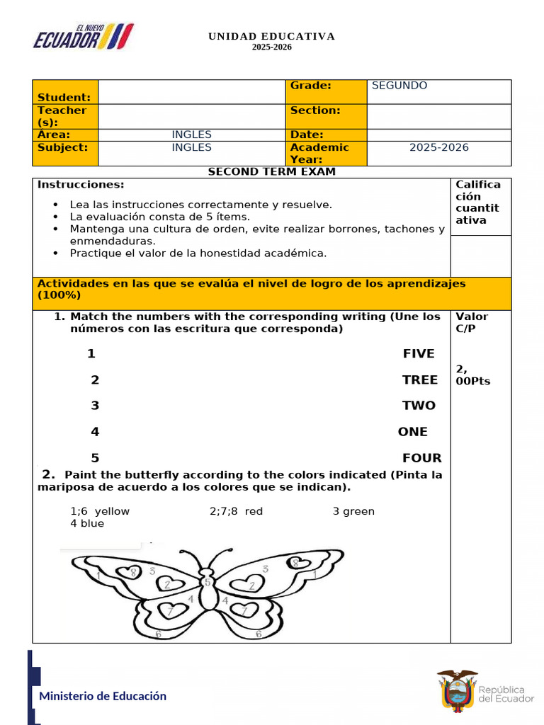 Examen de Inglés Segundo Grado 2025-2026 | PDF