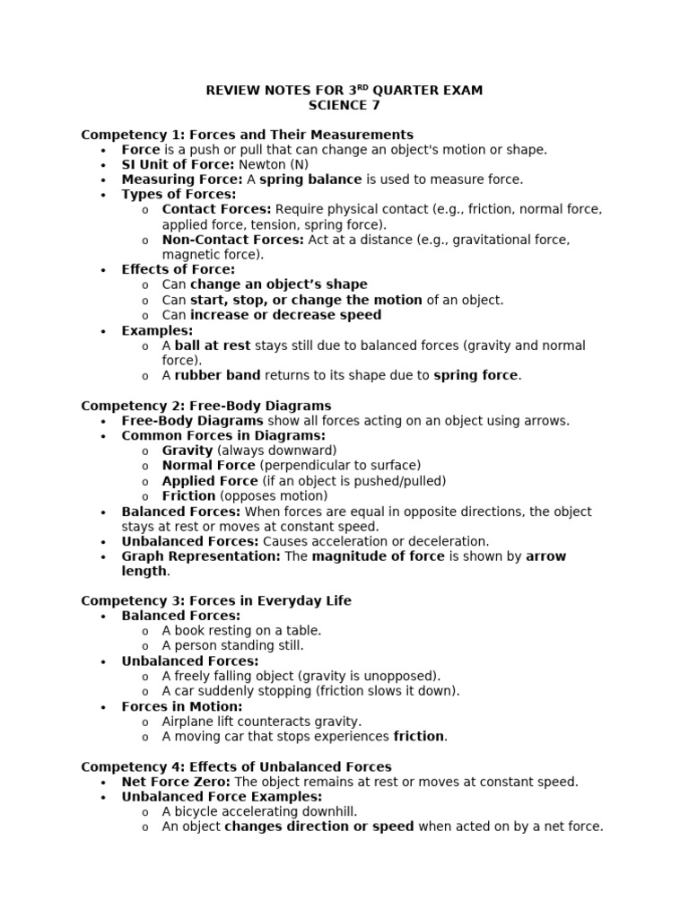 Science 7 Q3 Exam Review: Forces & Energy | PDF | Force | Heat Transfer