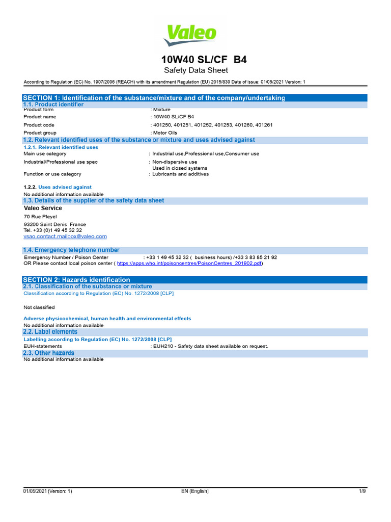 10W40 SL/CF B4 Safety Data Sheet | PDF | Dangerous Goods | Toxicity