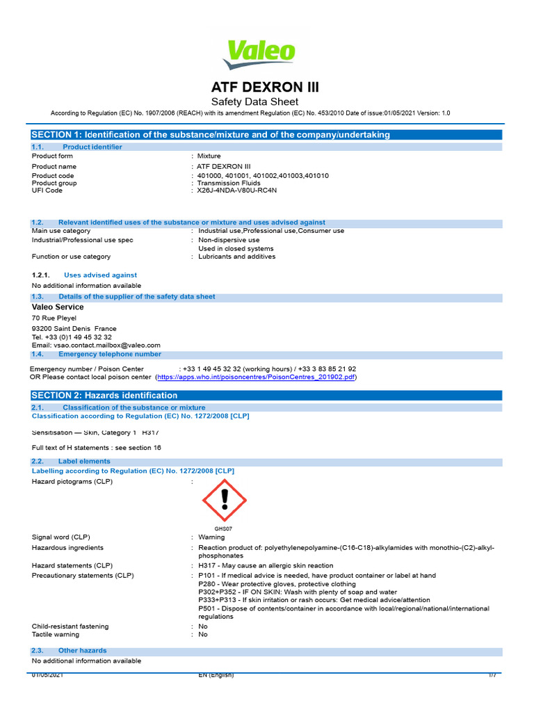 ATF DEXRON III Safety Data Sheet | PDF | Dangerous Goods | Safety