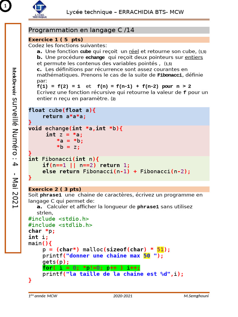 Programmation C : Fonctions et Algorithmes | PDF | C (Langage de ...