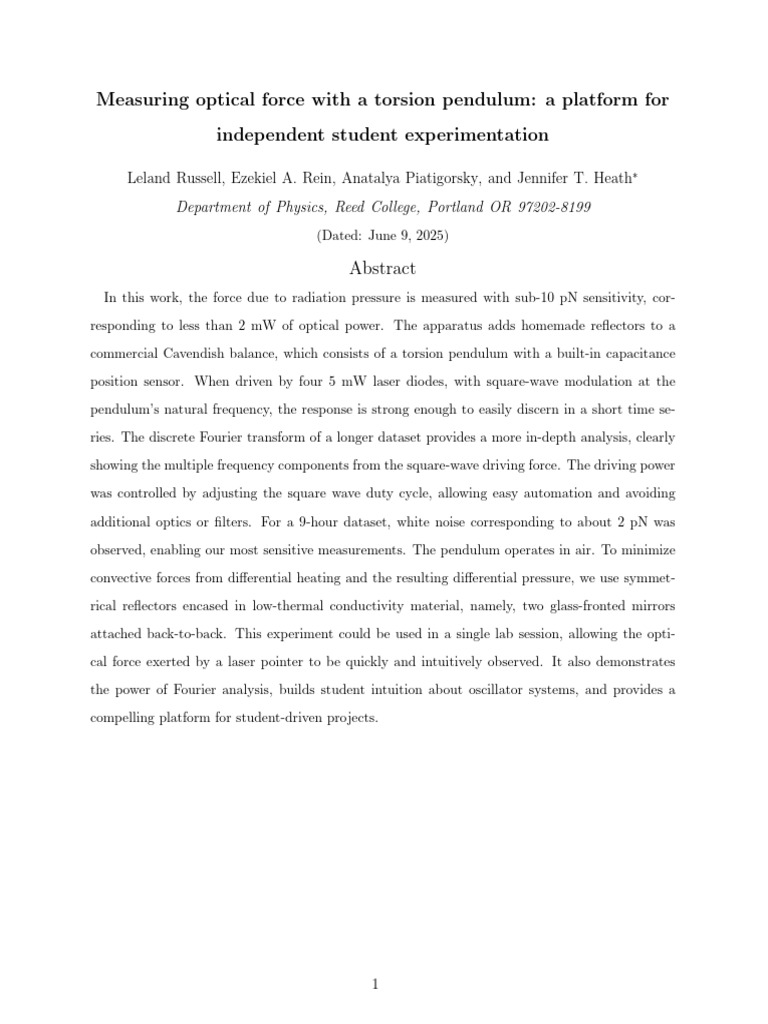 Measuring Optical Force with Torsion Pendulum | PDF | Pendulum | Optics