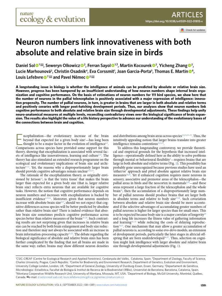 Neuron Numbers Link Innovativeness With Both Absolute and Relative ...