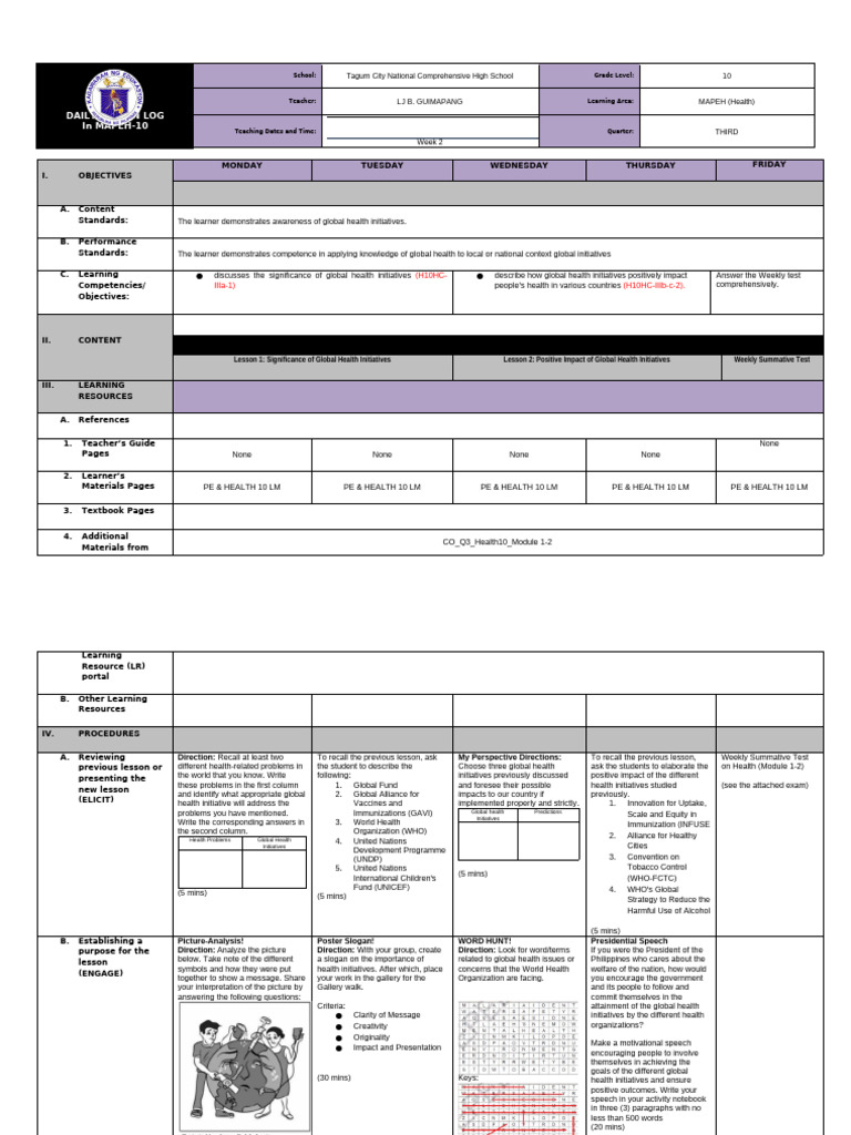 MAPEH 10 Daily Lesson Log: Global Health | PDF | World Health ...