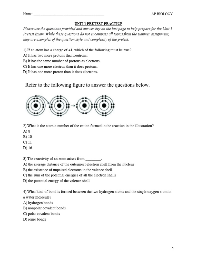 AP Biology Unit 1 Pretest Practice | PDF | Chemical Bond | Ion