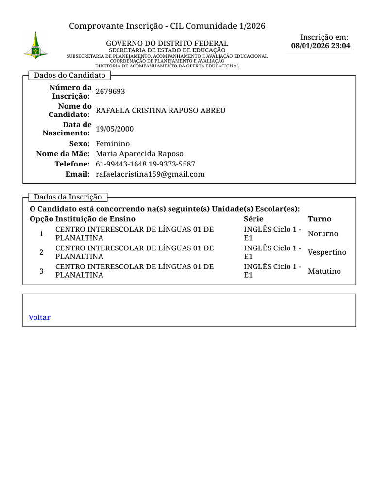 Comprovante de Inscrição CIL 2026 | PDF