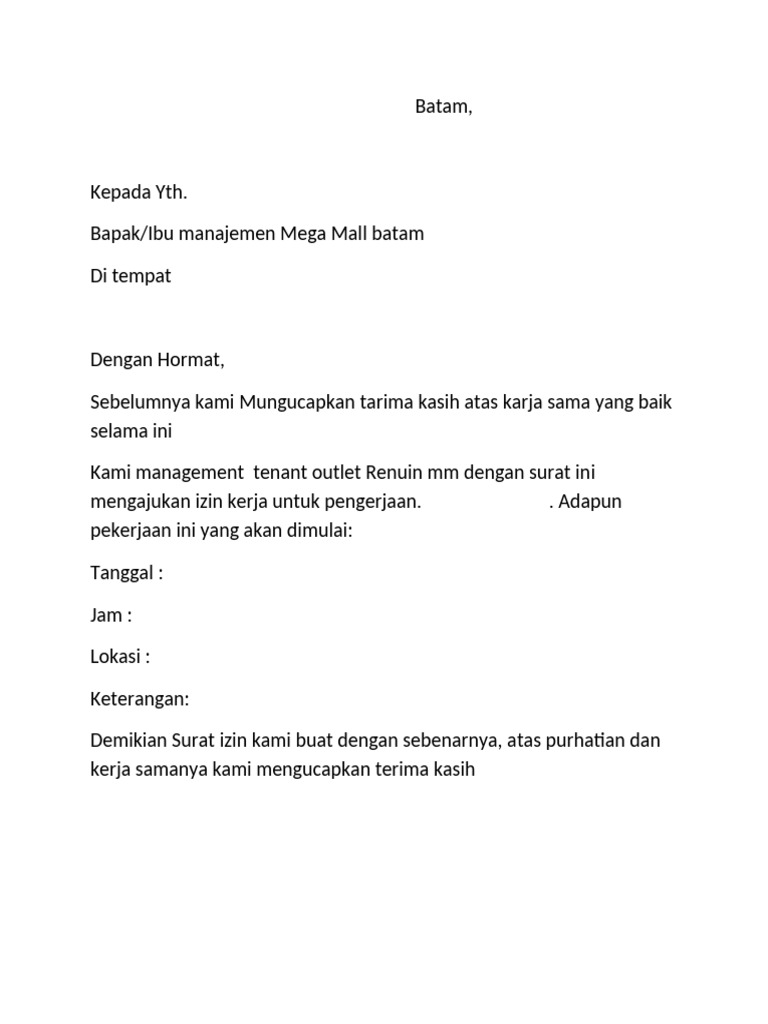Surat Izin Pengerjaan Tenant Renuin | PDF