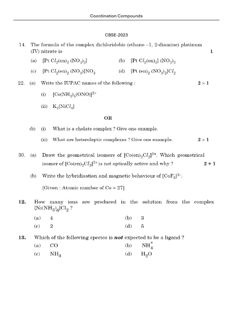 5 Cbse Pyq Chapter Coordination Chemistry | PDF