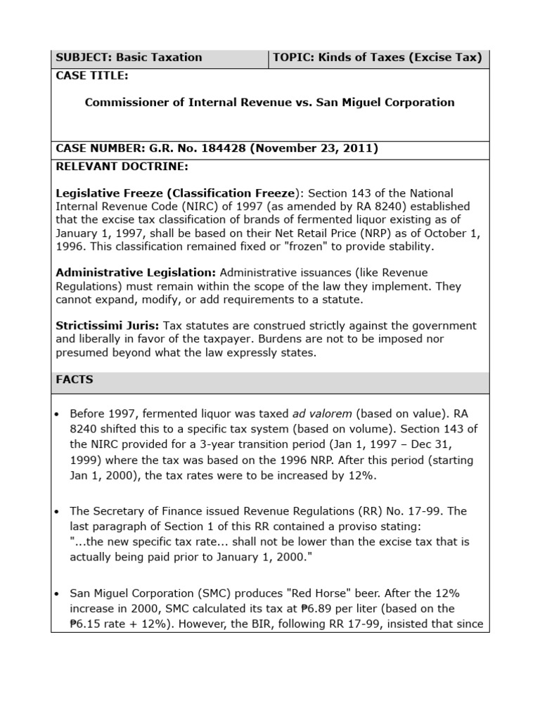 Excise Tax Case: SMC vs. BIR Ruling | PDF | Taxes | Internal Revenue ...