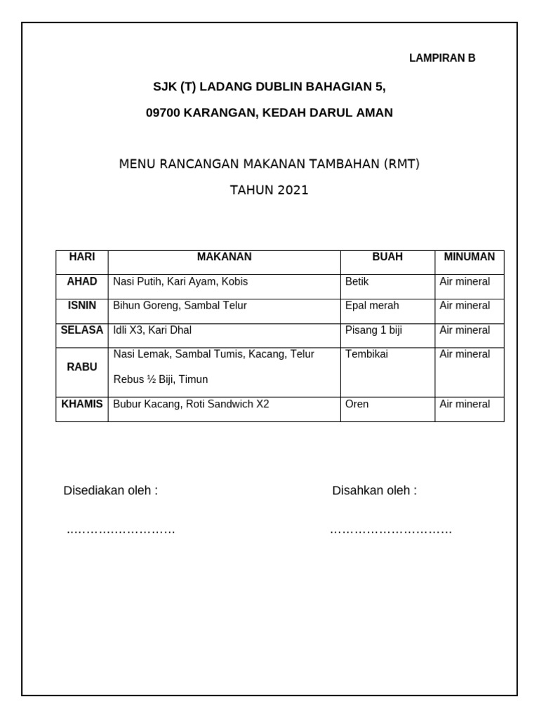 Rancangan Makanan Tambahan RMT 2021 | PDF