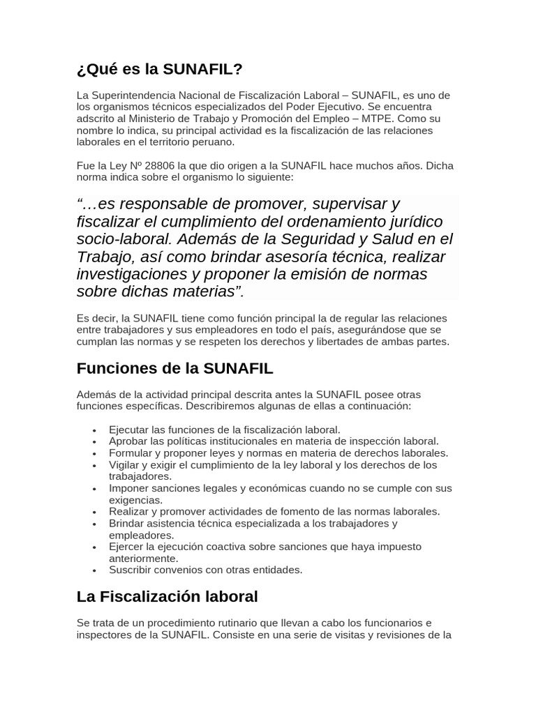 Funciones y Fiscalización de SUNAFIL | PDF | Derecho laboral | Justicia