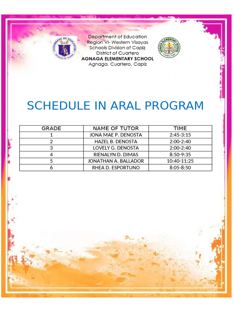 Aral Program Tutor Schedule | PDF
