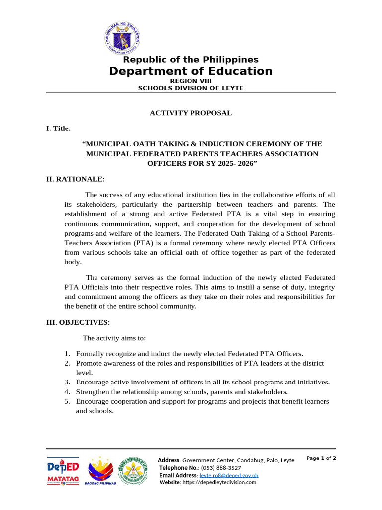 Federated PTA Induction Ceremony Proposal | PDF