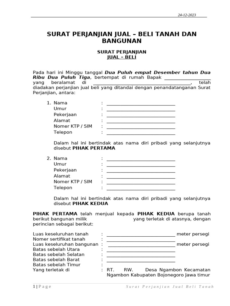Surat Perjanjian Jual Beli Tanah Dan Bangunan OK | PDF