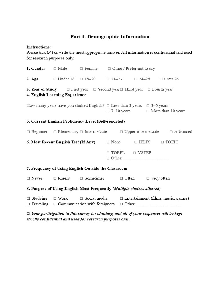 Questionnaire - Google Tài liệu | PDF | Behavior Modification | Cognition