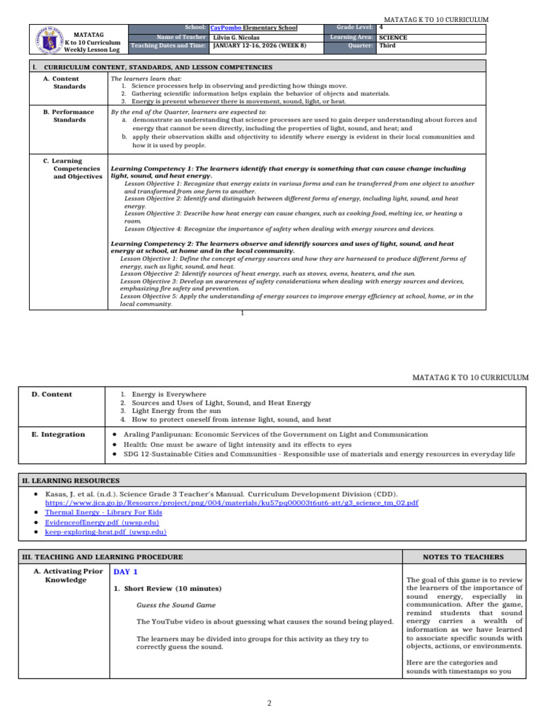 DLL - Matatag - Science 4 Q3 W8 | PDF | Learning | Heat