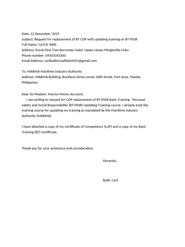 Request for BT-PSSR COP Replacement | PDF