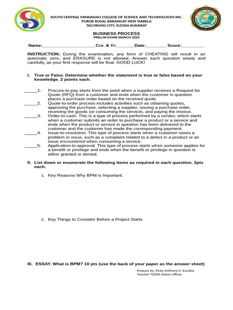 Business Process Prelim Exam 2025 | PDF