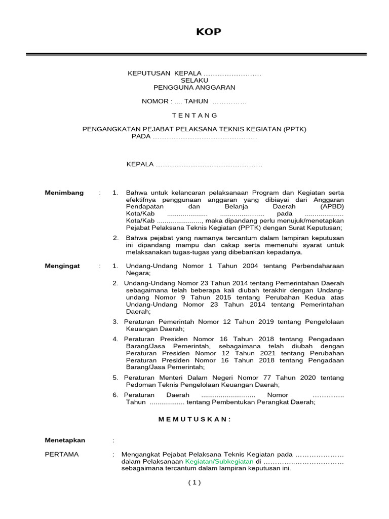 Contoh SK PPTK - Tanpa Tugas PPK | PDF