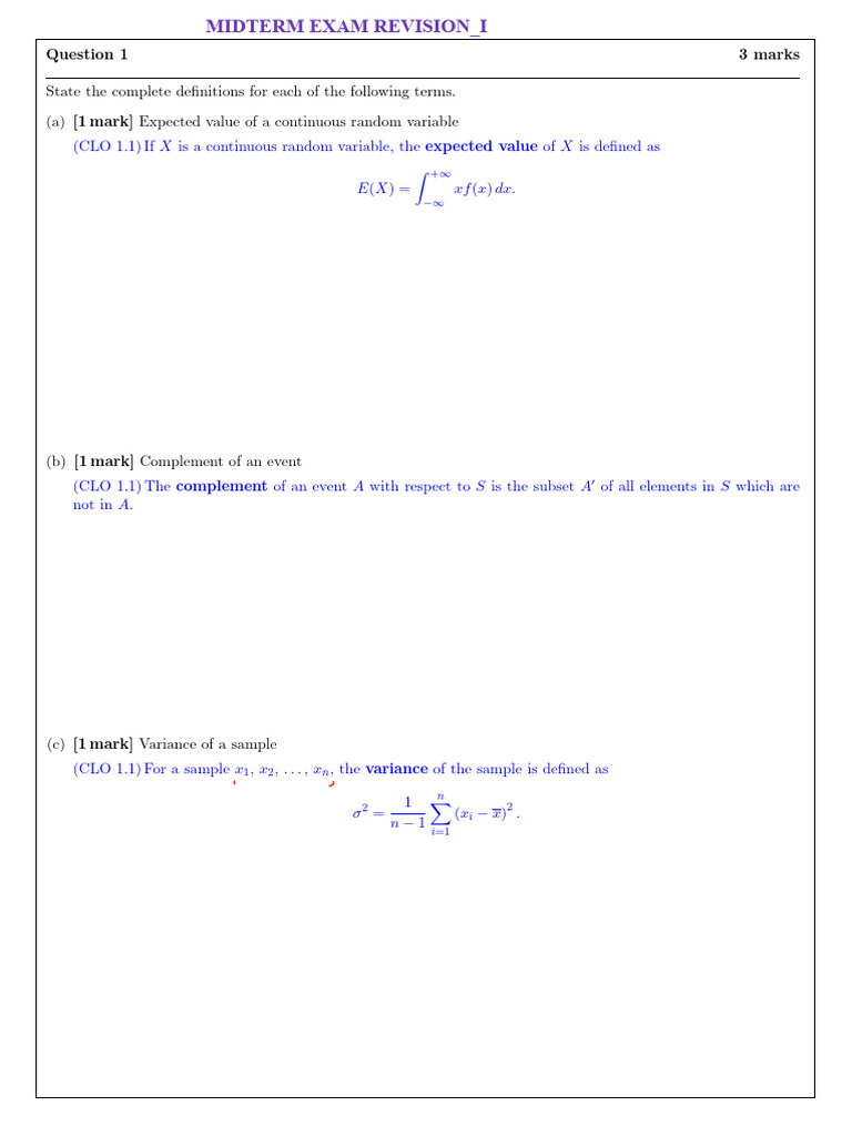 ME Revision I Key | PDF | Probability Distribution | Variance