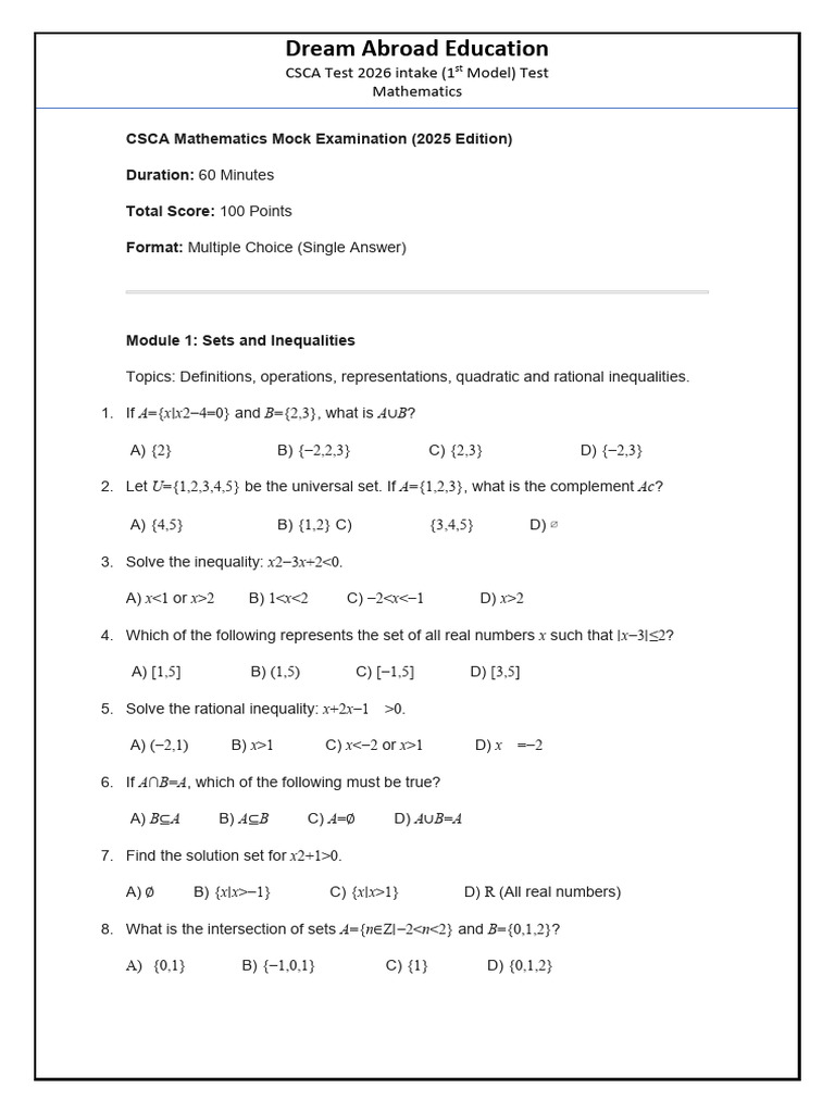 CSCA 2026 Mathematics Mock Test | PDF | Chess Theory | Chess