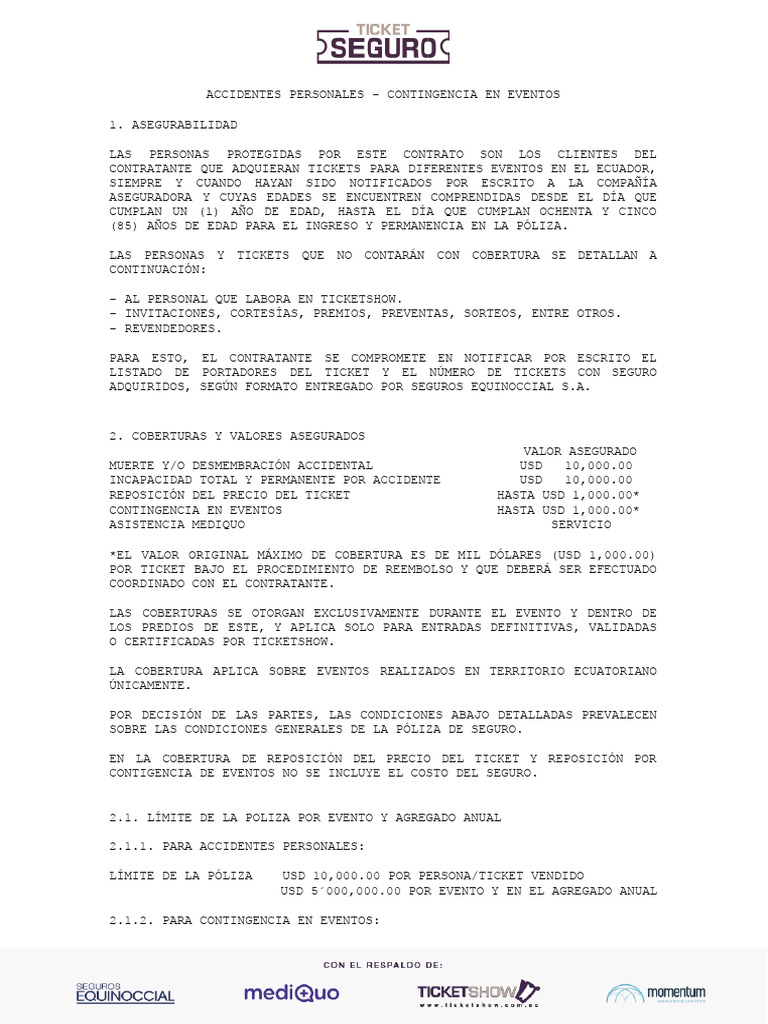 Seguro de Accidentes para Eventos en Ecuador | PDF | Póliza de seguros ...