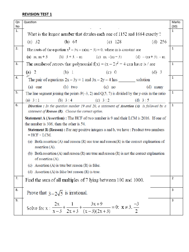 Revision Test 1 | PDF