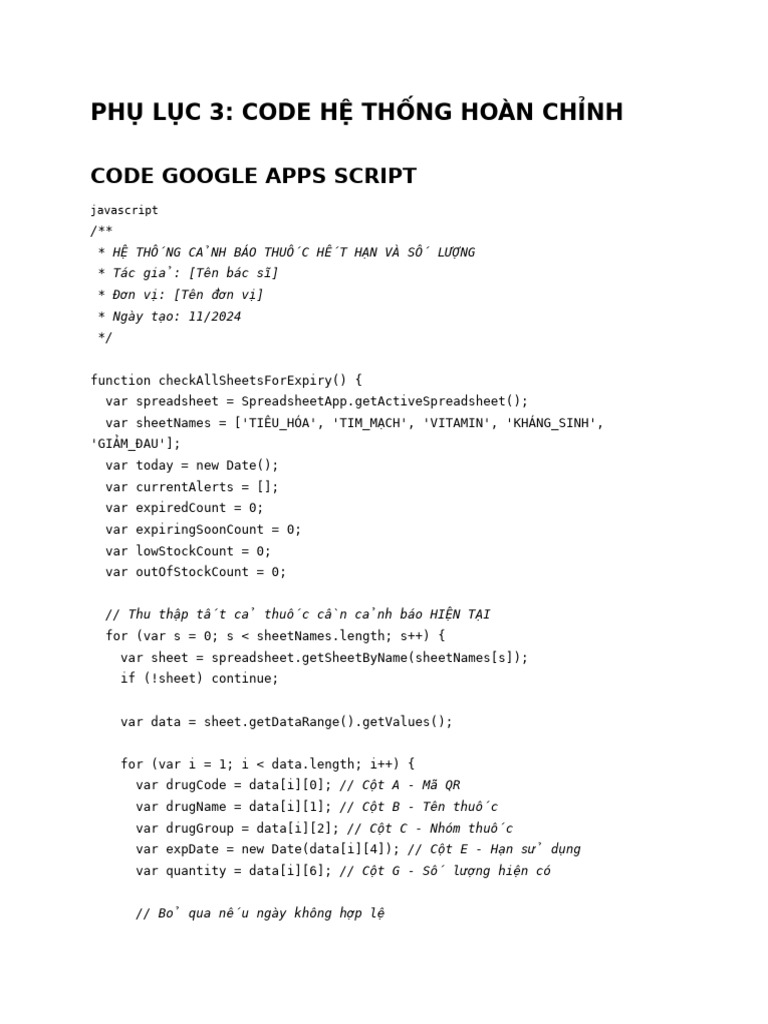 Phụ Lục 3: Code Hệ Thống Hoàn Chỉnh: Code Google Apps Script | PDF