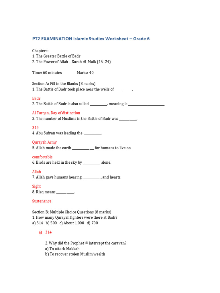 Grade 6 Islamic Studies Exam: Badr & Al-Mulk | PDF | Muhammad ...