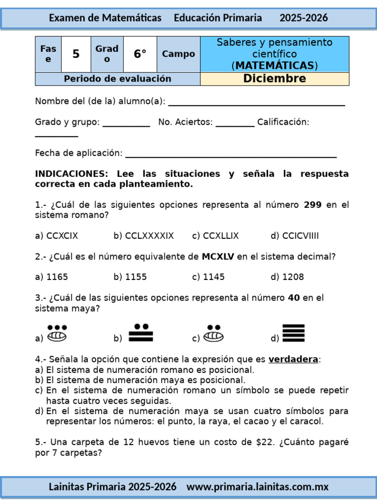 Examen de Matemáticas Primaria 2025-2026 | PDF | Matemáticas