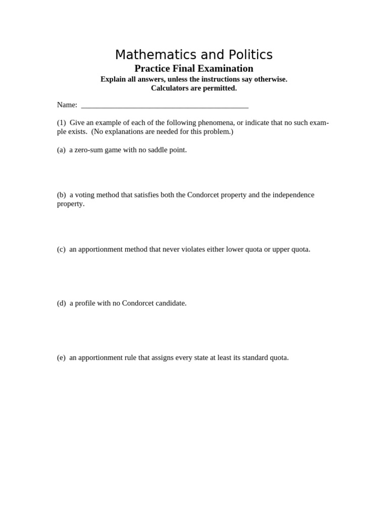 Practice Final Exam 1 | PDF | Voting | Elections