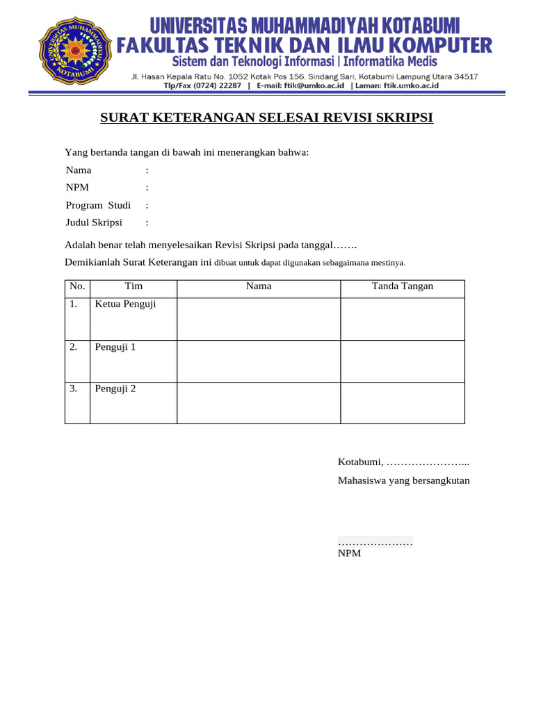 Surat Keterangan Revisi Skripsi Selesai | PDF