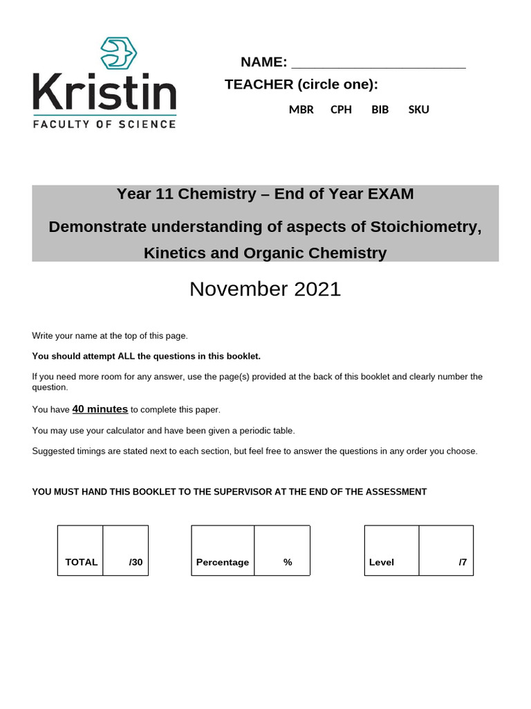Year 11 Chemistry Exam Guide | PDF