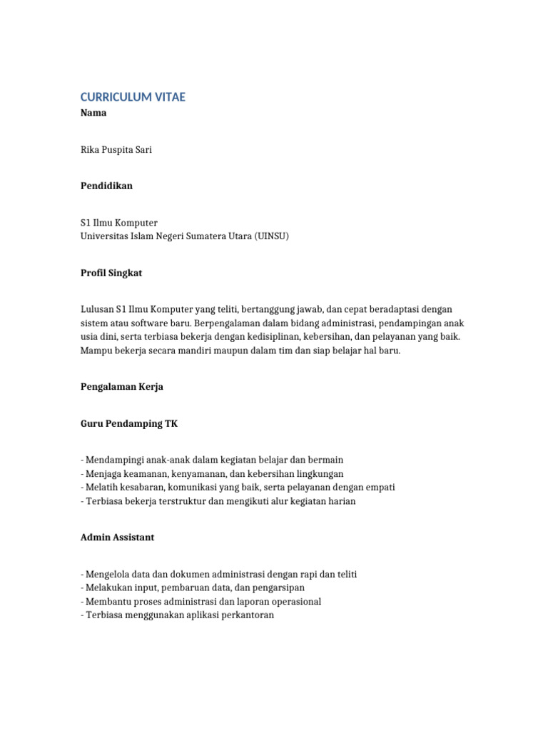 CV Rika Puspita Sari: Ilmu Komputer & Admin | PDF