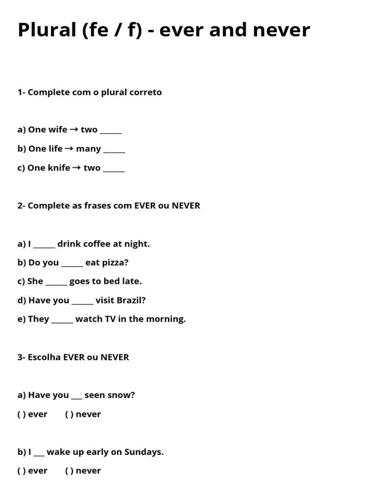 Plural Forms and Ever/Never Exercises | PDF