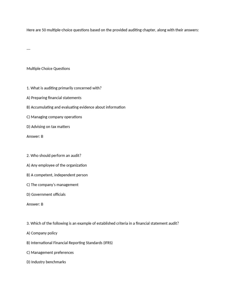 50 Auditing Multiple-Choice Questions | PDF | Audit | Financial Audit