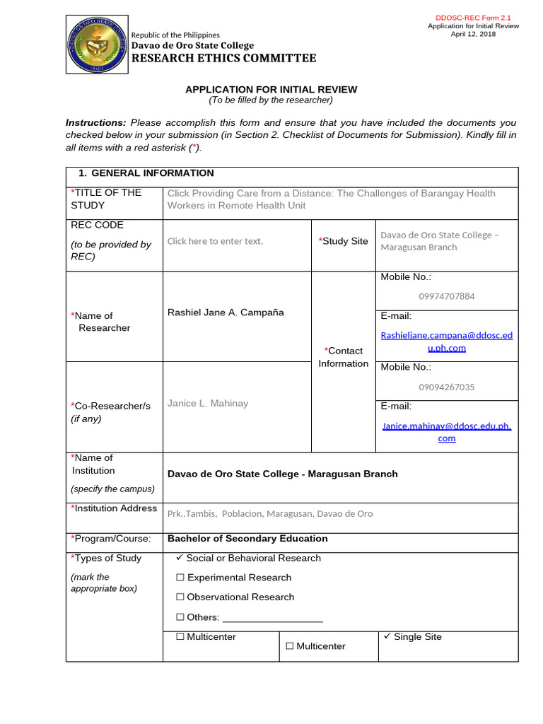 DDOSC Research Ethics Application Form | PDF
