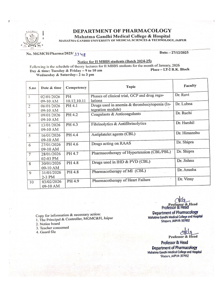 MBBS Theory Classes of 2nd Year (Batch 2024-25 Month of January 2026) | PDF