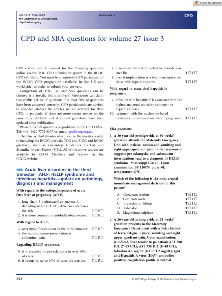 CPD Questions for TOG Volume 27 Issue 3 | PDF | Human Diseases And ...