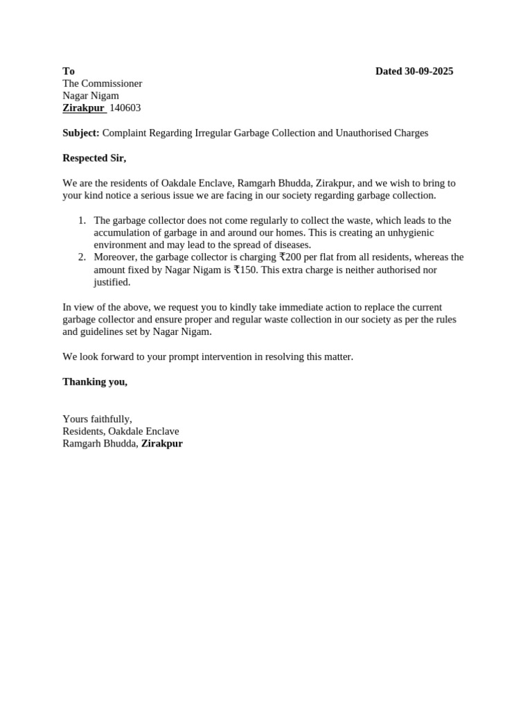 Complaint on Garbage Collection Issues | PDF