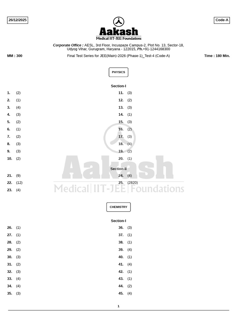 JEE Main 2026 Test Series Phase 1 Code A | PDF | Chemistry