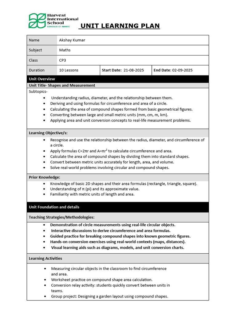 Shapes and Measurement Learning Plan | PDF | Area | Shape