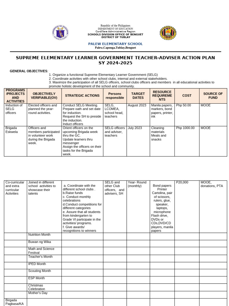 SELG Action Plan for Palew Elementary 2024-2025 | PDF | Waste | Pollution