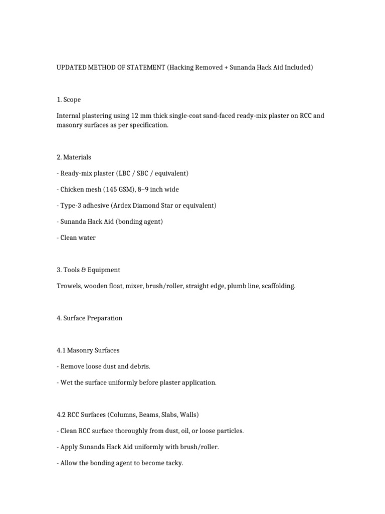 Internal Plastering Method Statement | PDF
